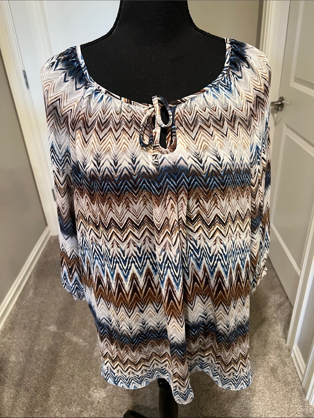 new directions Chevron Tie-Neck Tunic in Blue, Brown, Cream